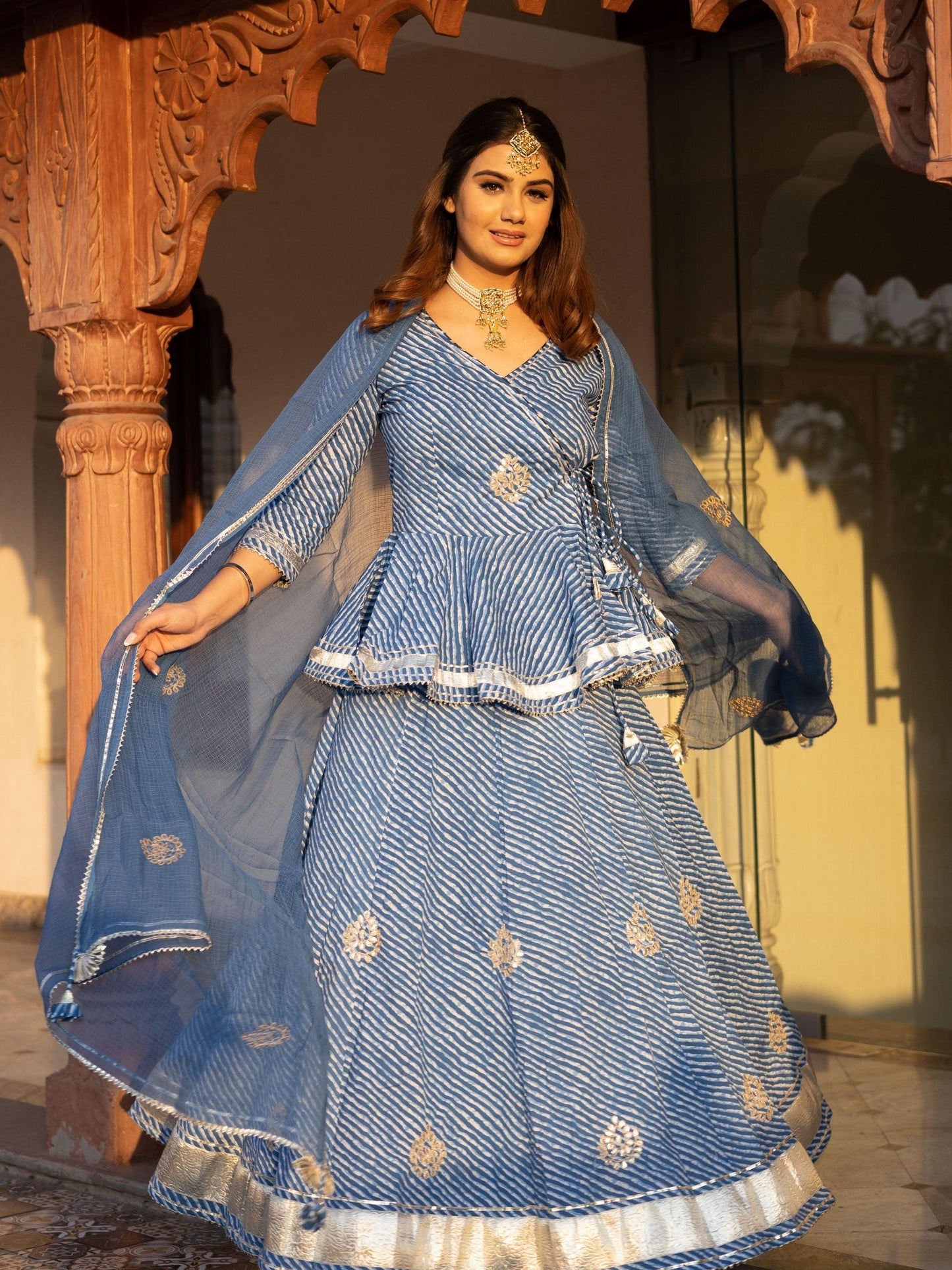 Divena Blue Lehriya lehenga dupatta set - divenaworld.com