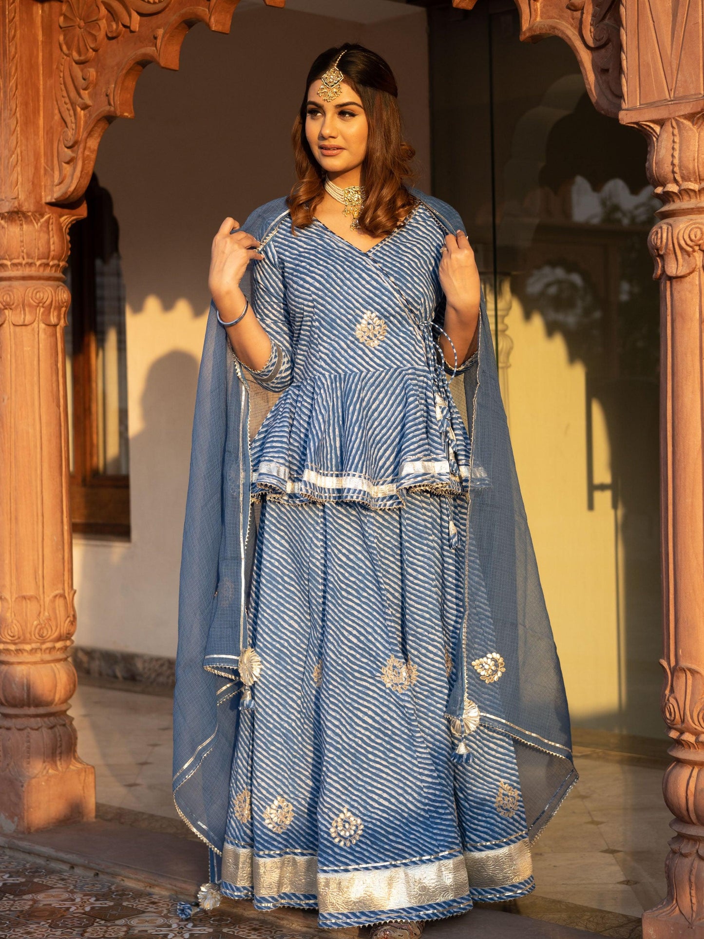 Divena Blue Lehriya lehenga dupatta set - divenaworld.com