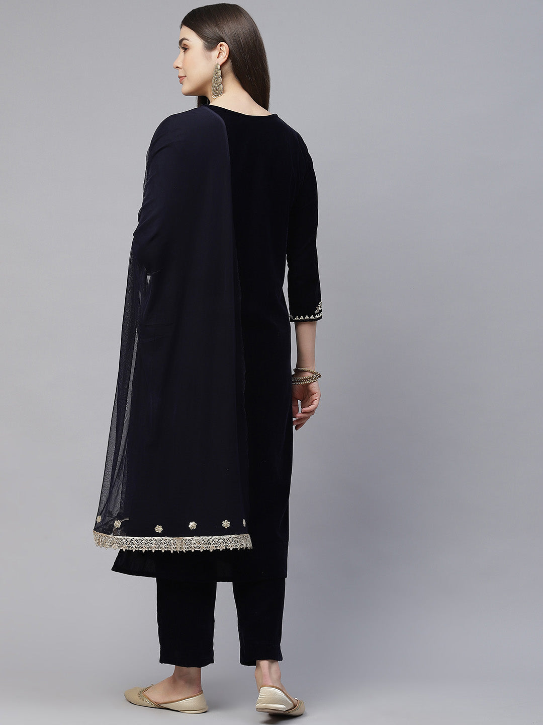 Royal Navy Blue Velvet Zardozi work Embroidered Kurta Pant With Net Dupatta set