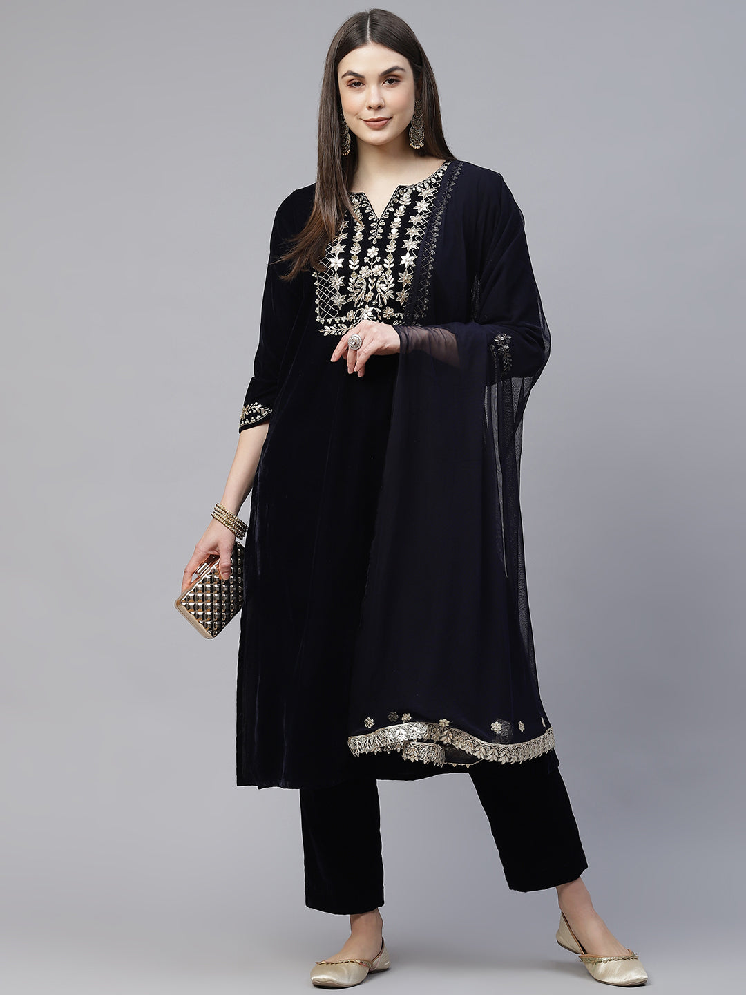 Royal Navy Blue Velvet Zardozi work Embroidered Kurta Pant With Net Dupatta set