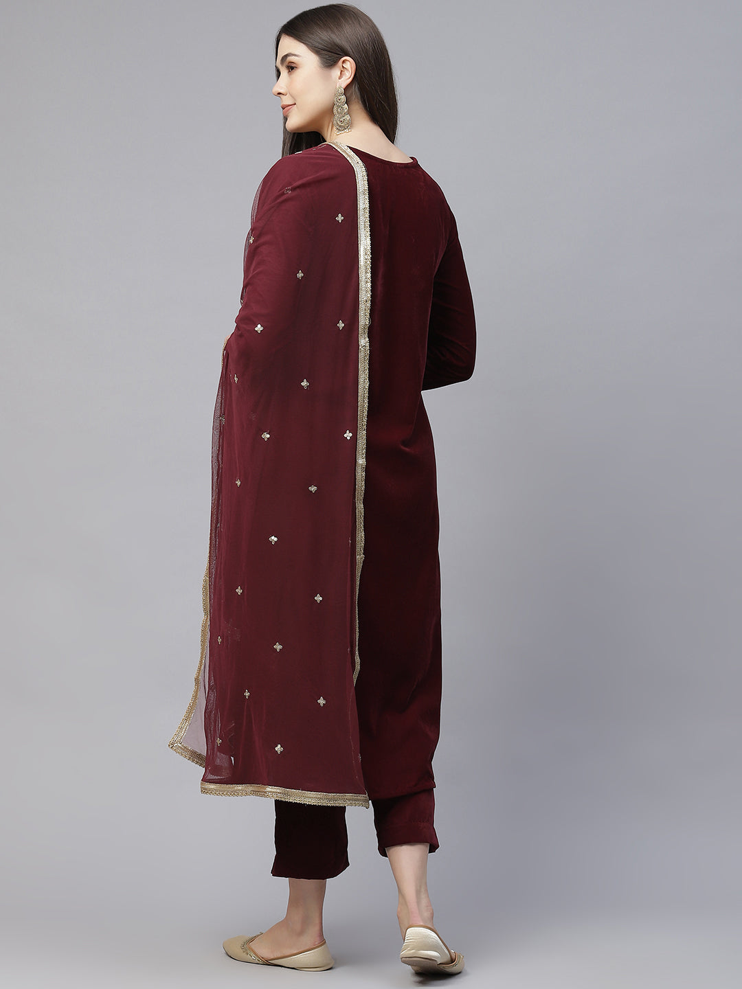 Maroon Velvet hand work Kurta pant With Net Dupatta set