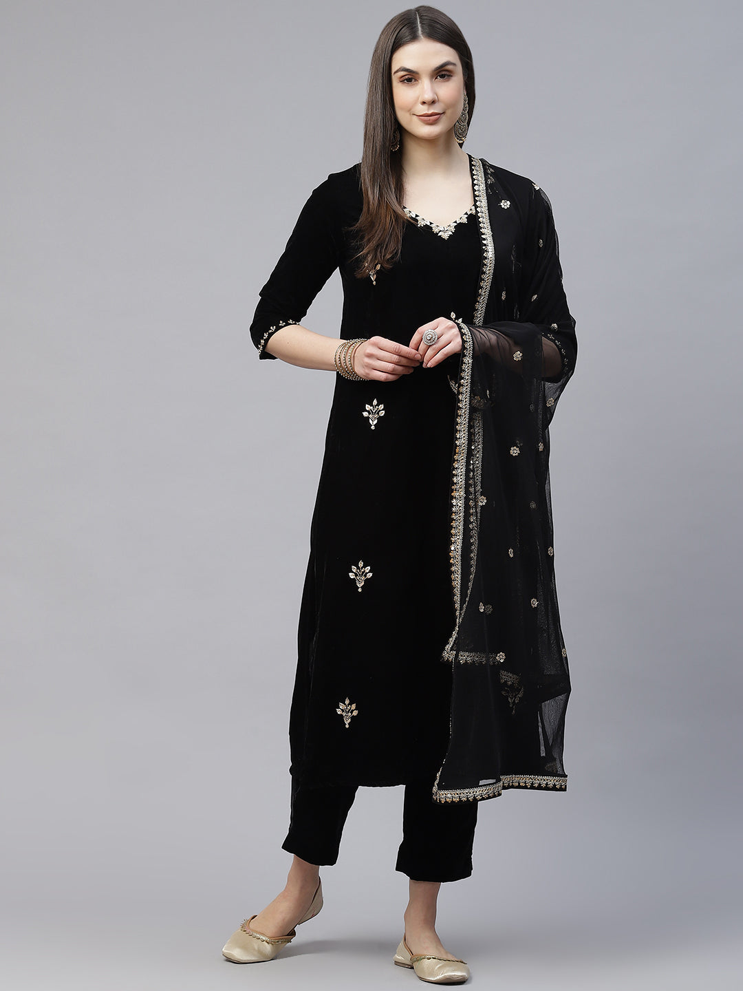 Black Velvet hand work Kurta pant With Net Dupatta set