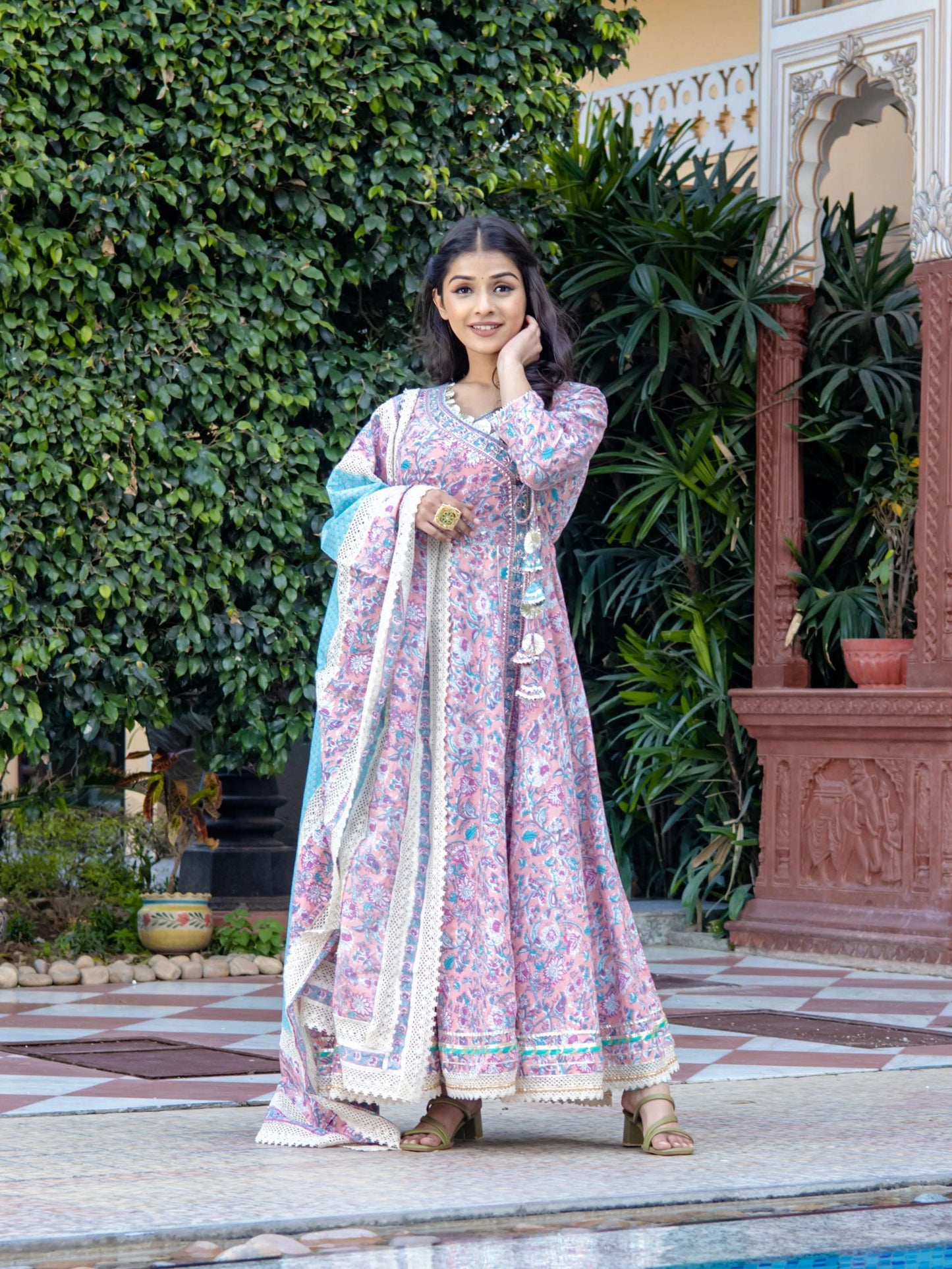 Pink Cotton Floral Printed Anarkali Kurta With DupattaPink Cotton Floral Printed Anarkali Kurta With Dupatta