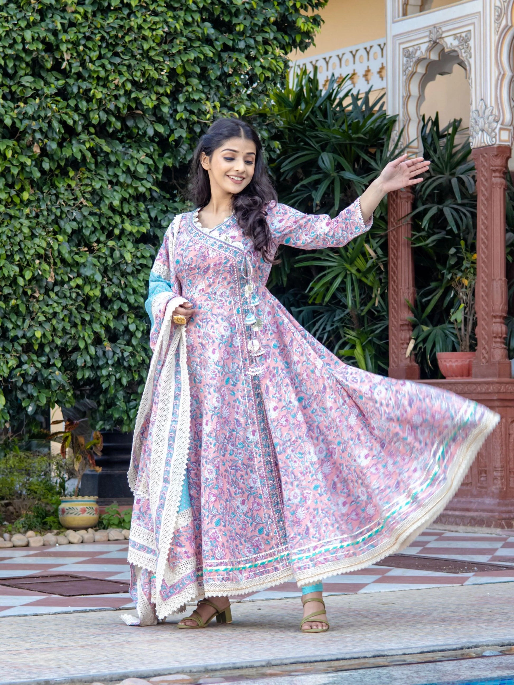 Pink Cotton Floral Printed Anarkali Kurta With DupattaPink Cotton Floral Printed Anarkali Kurta With Dupatta