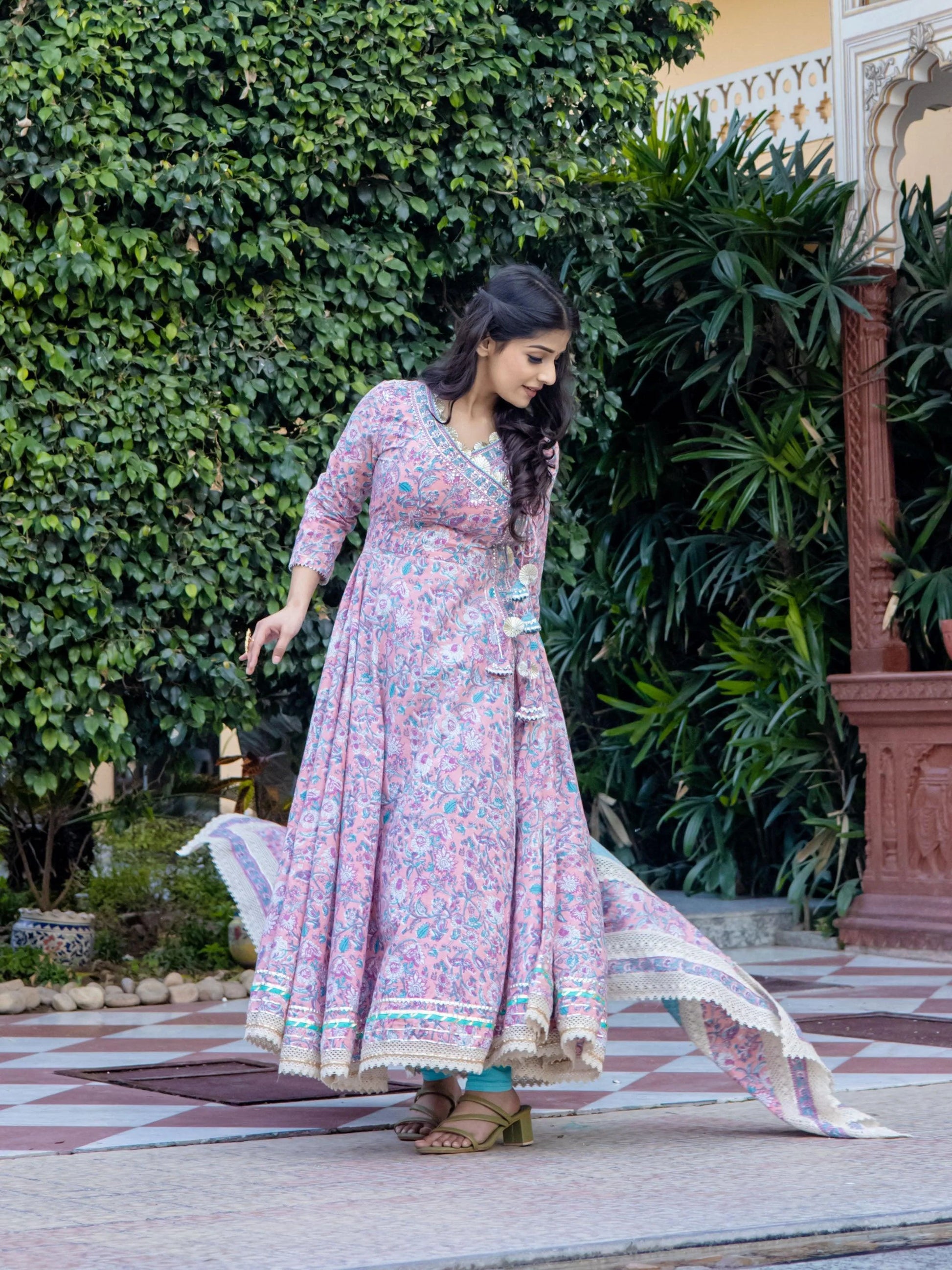 Pink Cotton Floral Printed Anarkali Kurta With DupattaPink Cotton Floral Printed Anarkali Kurta With Dupatta