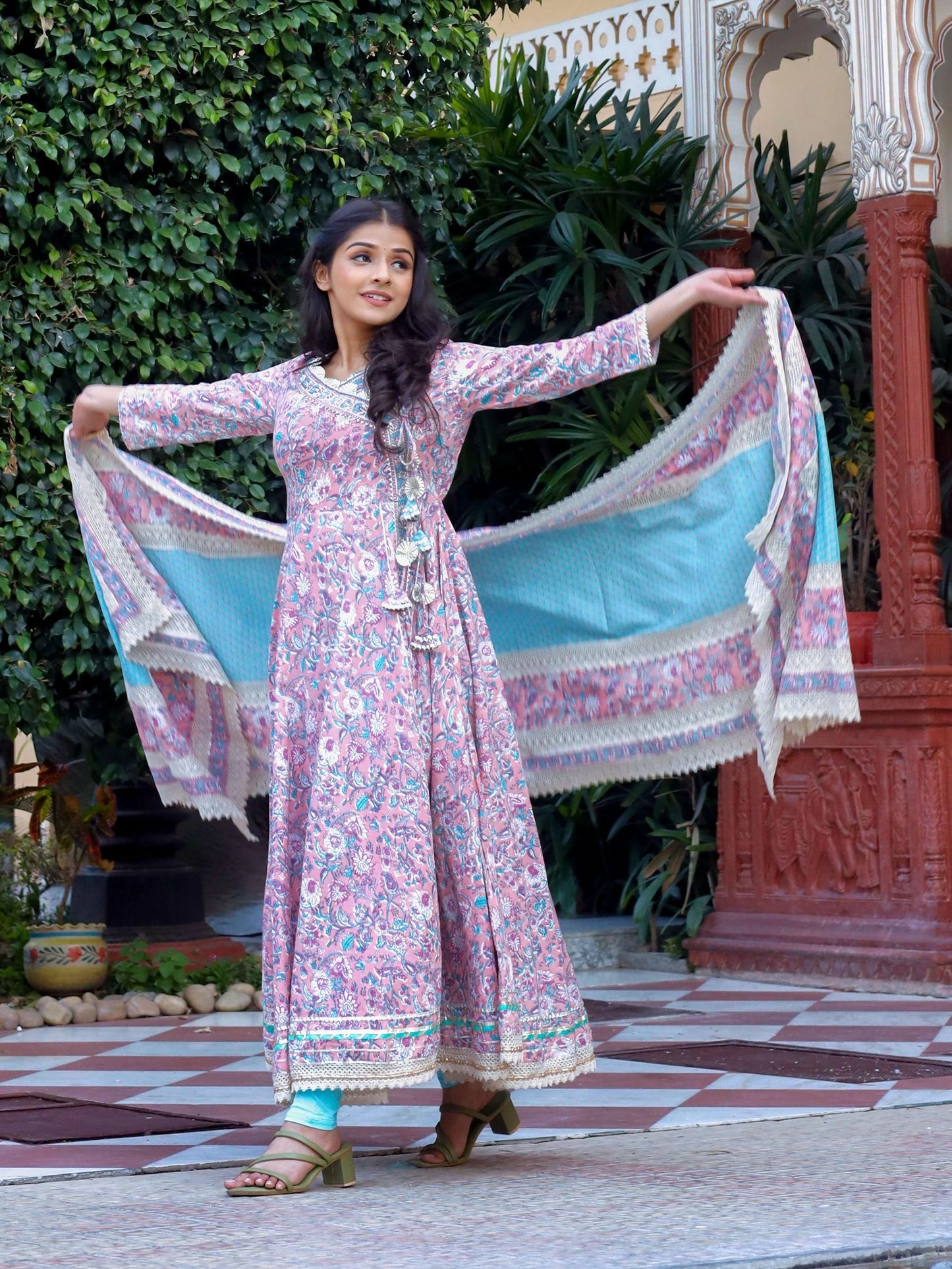 Pink Cotton Floral Printed Anarkali Kurta With Dupatta