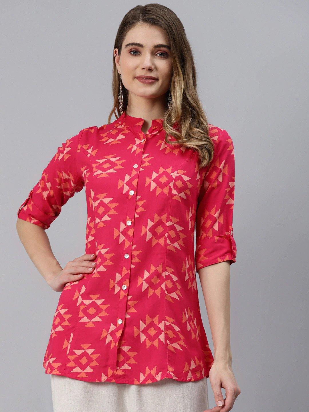 Divena Pink Geometric Print Rayon Shirt Style Top - divena world-Mohi