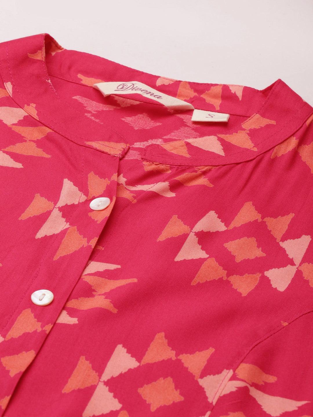 Divena Pink Geometric Print Rayon Shirt Style Top - divena world-Mohi