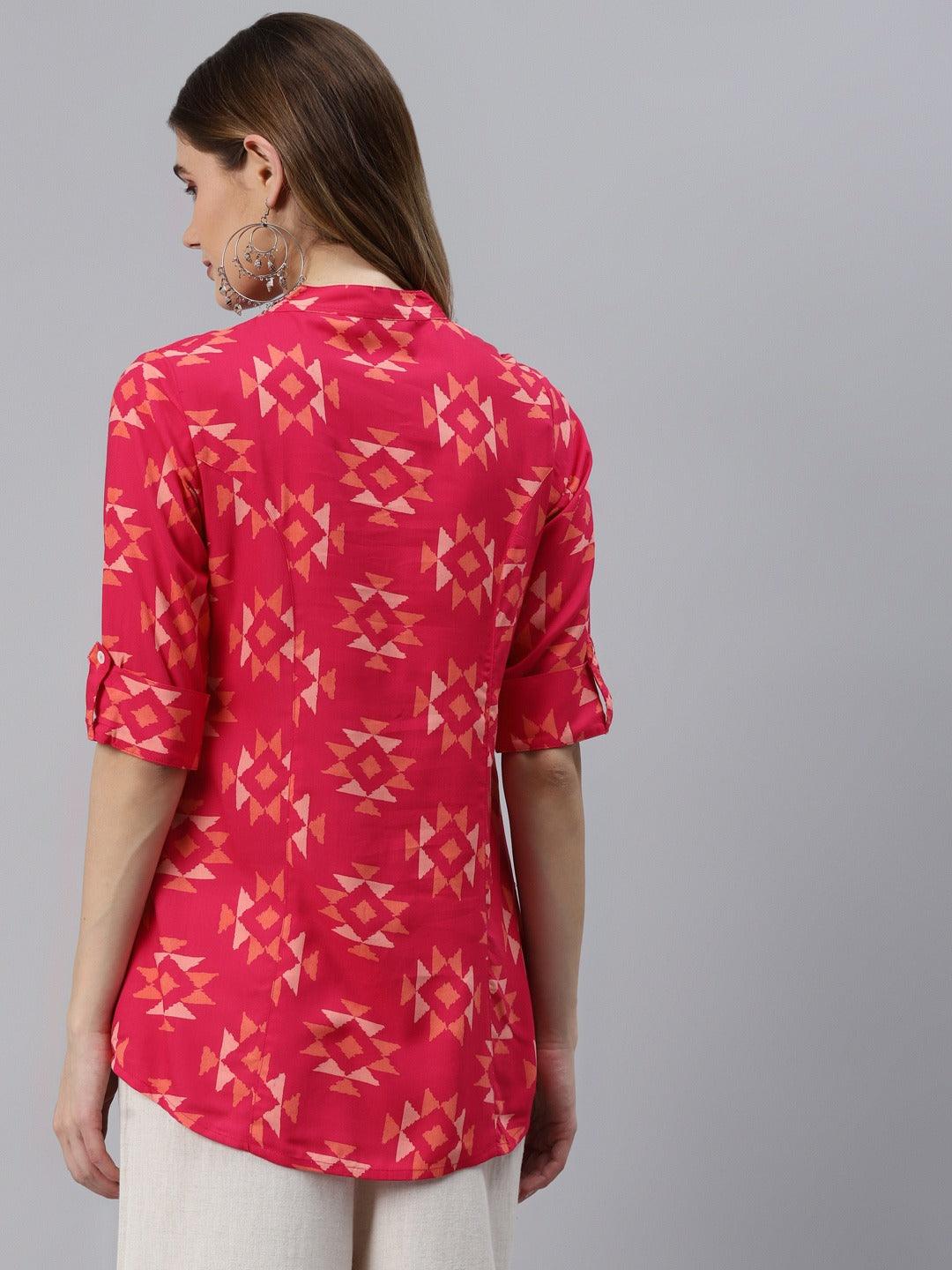 Divena Pink Geometric Print Rayon Shirt Style Top - divena world-Mohi