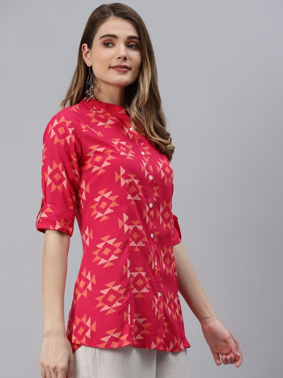 Divena Pink Geometric Print Rayon Shirt Style Top - divena world-Mohi