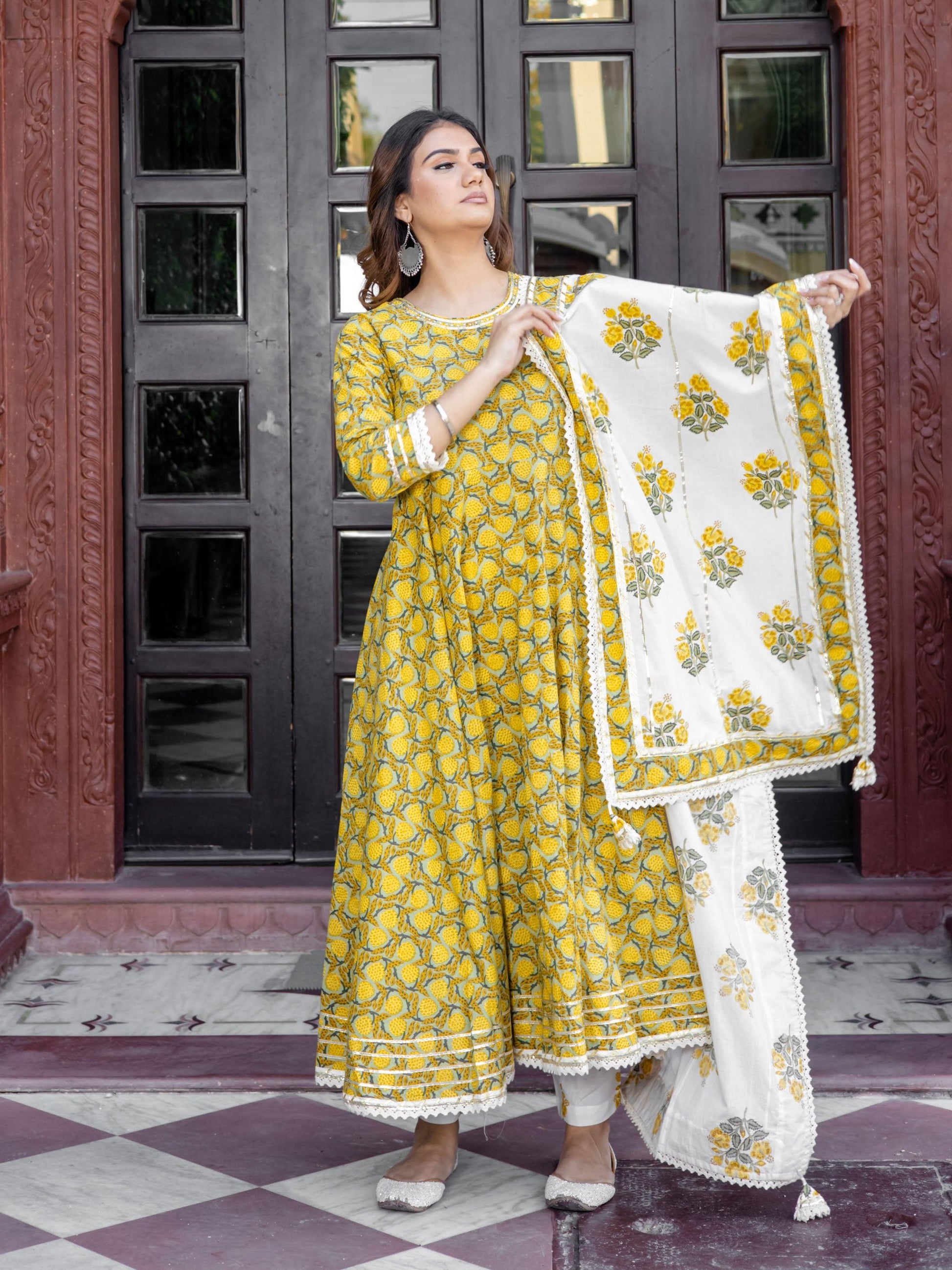 Divena Mustard Cotton Anarkali Kurta Pant Set With Dupatta - divena world-Mohi