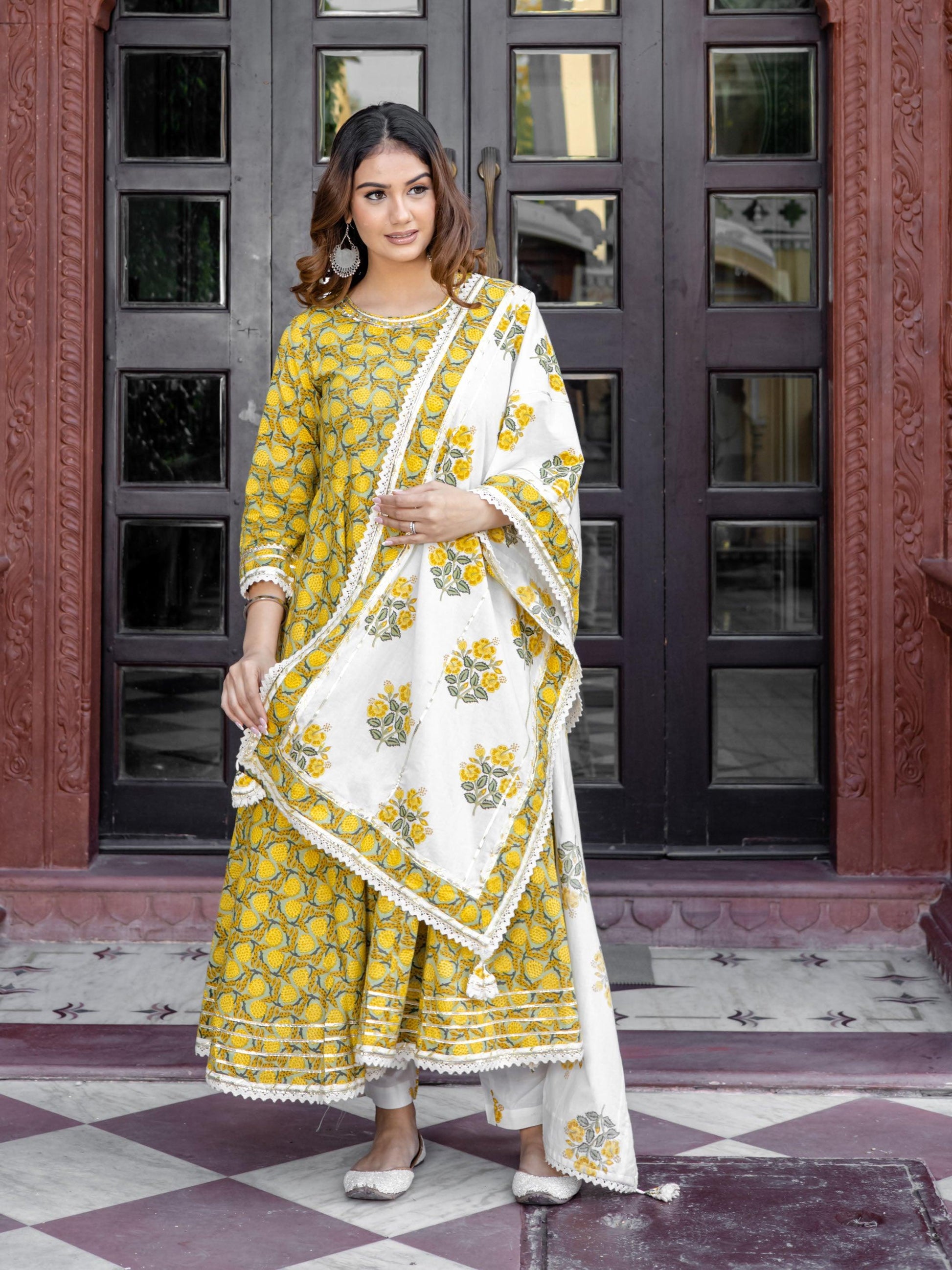 Divena Mustard Cotton Anarkali Kurta Pant Set With Dupatta - divena world-Mohi