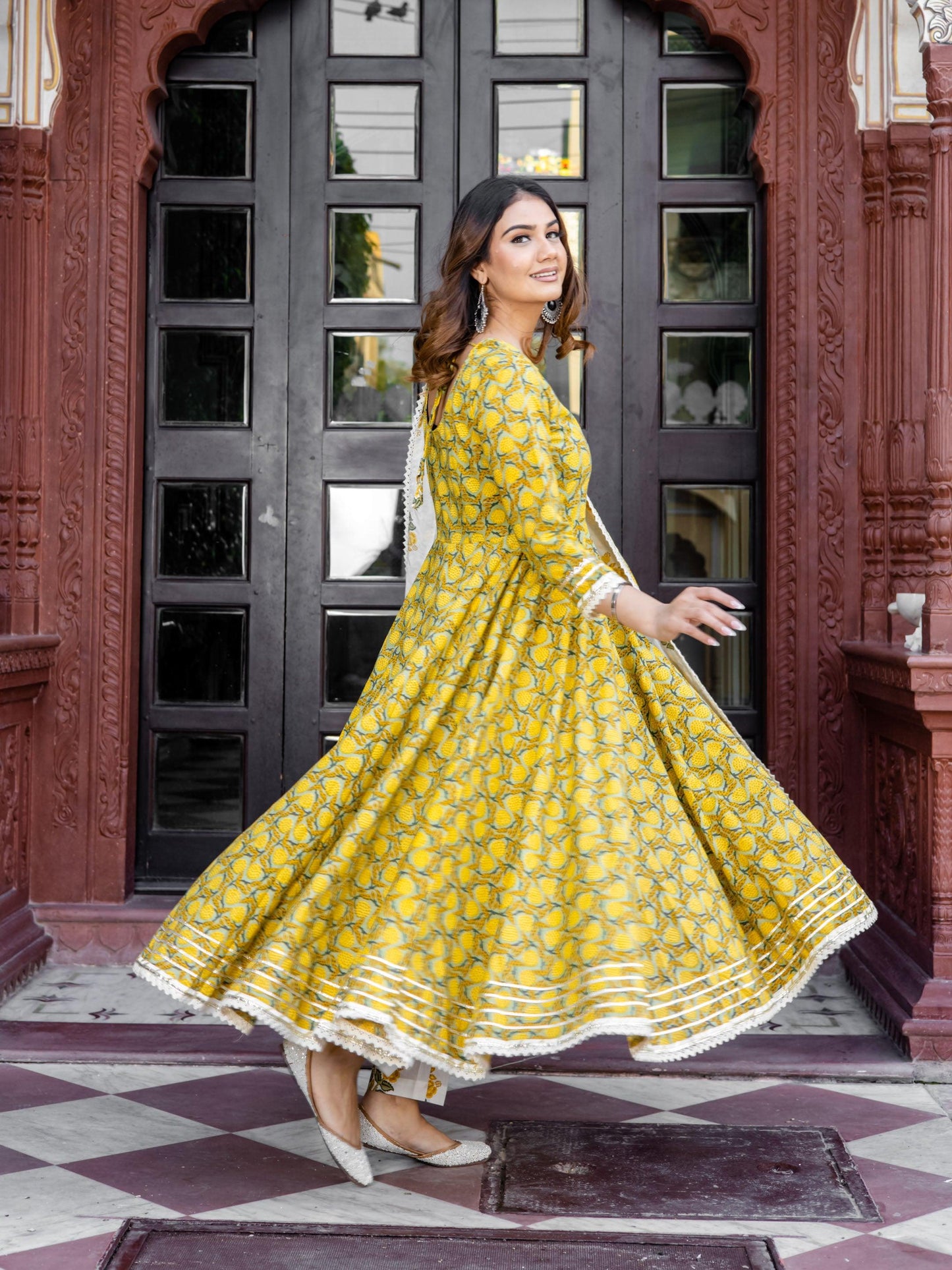 Divena Mustard Cotton Anarkali Kurta Pant Set With Dupatta - divena world-Mohi