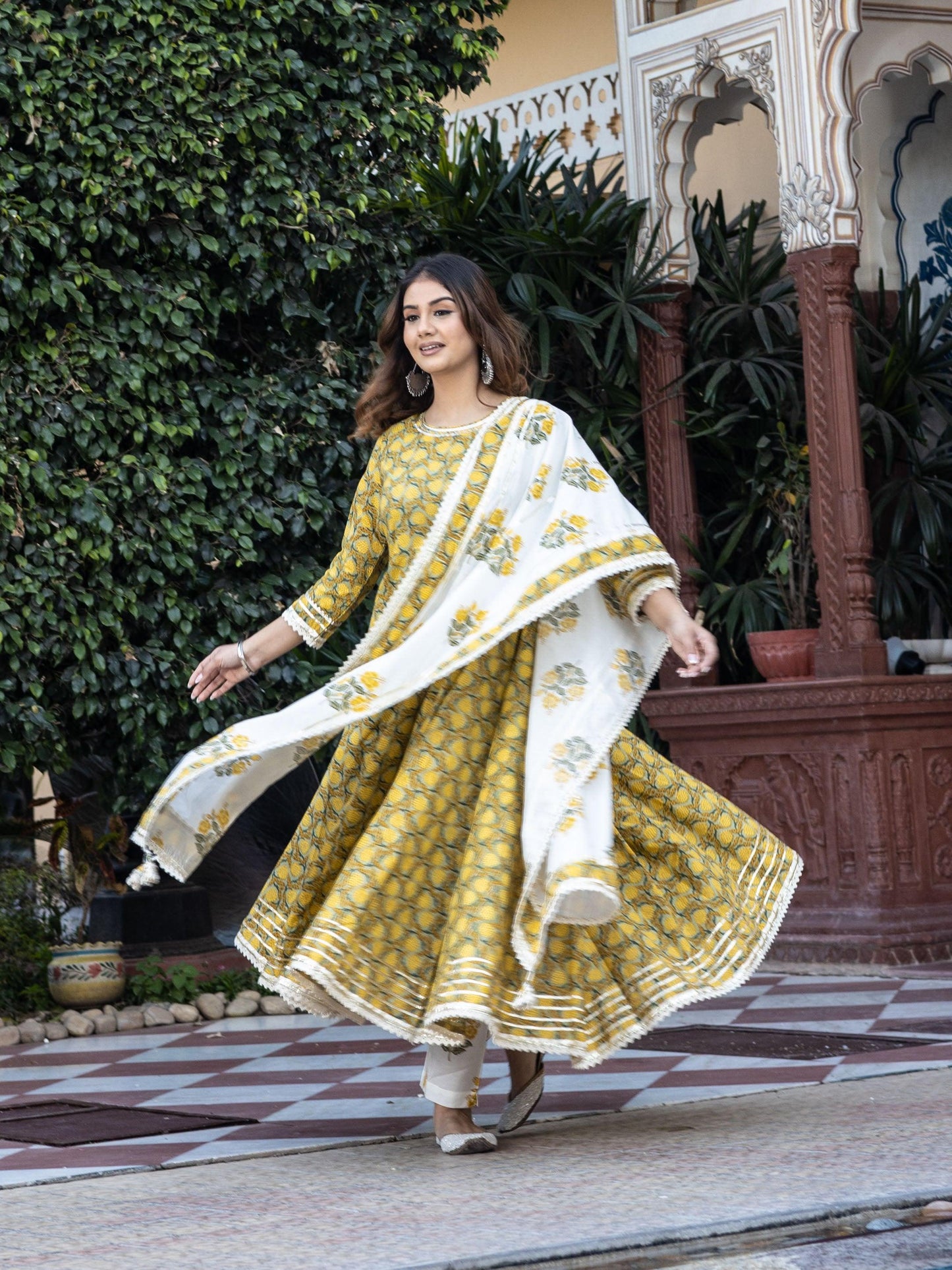 Divena Mustard Cotton Anarkali Kurta Pant Set With Dupatta - divena world-Mohi