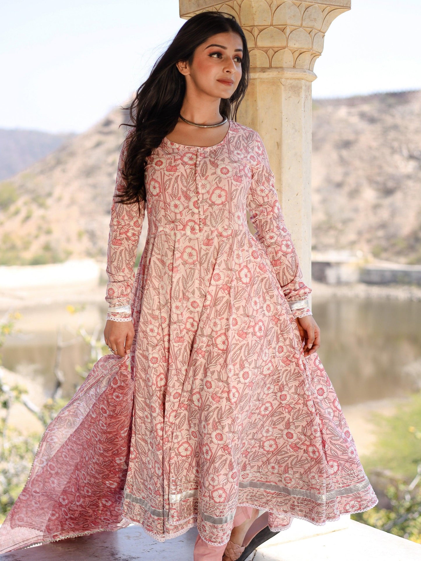 Divena Baby Pink Cotton Anarkali Kurta Pant Set With Dupatta - divenaworld.com