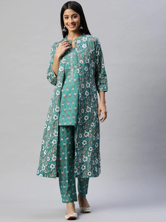 Divena Green Cotton Floral Printed Three Piece Indowestern Kurta Pant Set with Jacket - divena world-Mohi