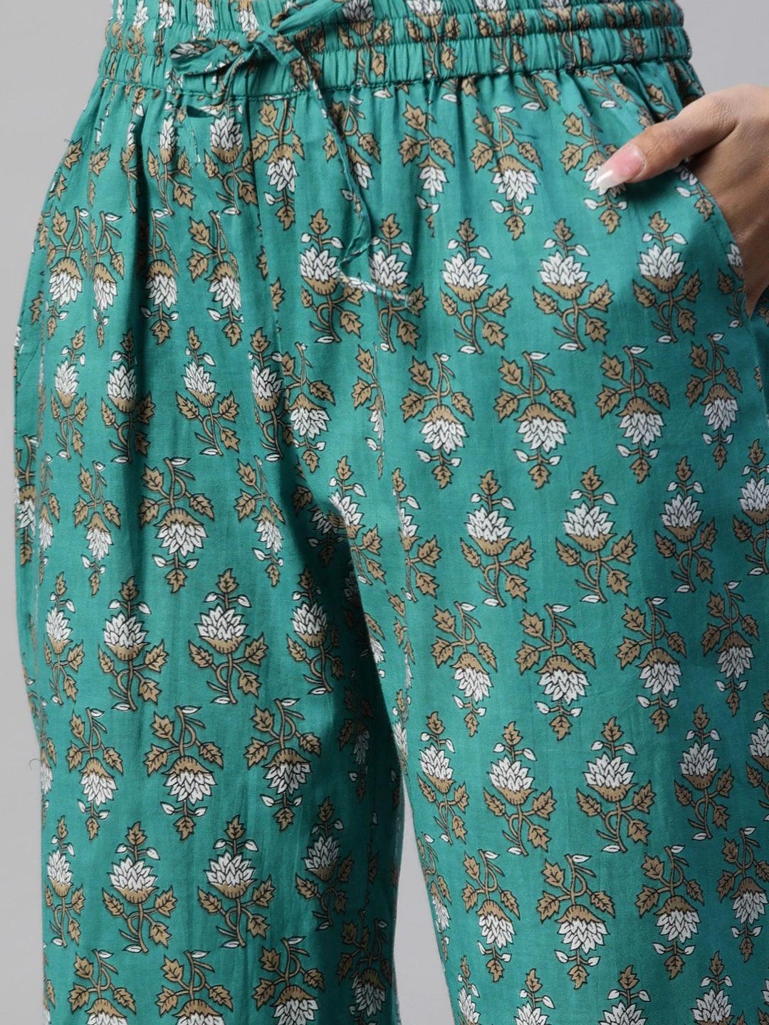 Divena Green Cotton Floral Printed Three Piece Indowestern Kurta Pant Set with Jacket - divena world-Mohi