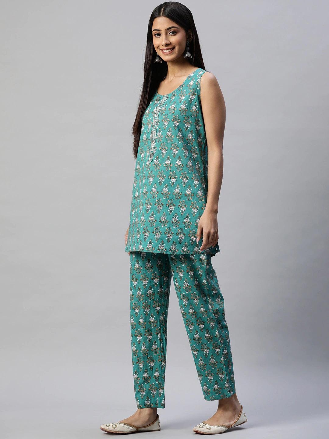 Divena Green Cotton Floral Printed Three Piece Indowestern Kurta Pant Set with Jacket - divena world-Mohi