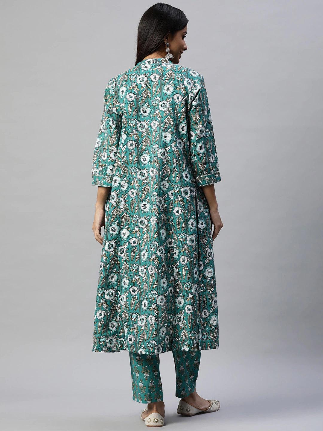 Divena Green Cotton Floral Printed Three Piece Indowestern Kurta Pant Set with Jacket - divena world-Mohi