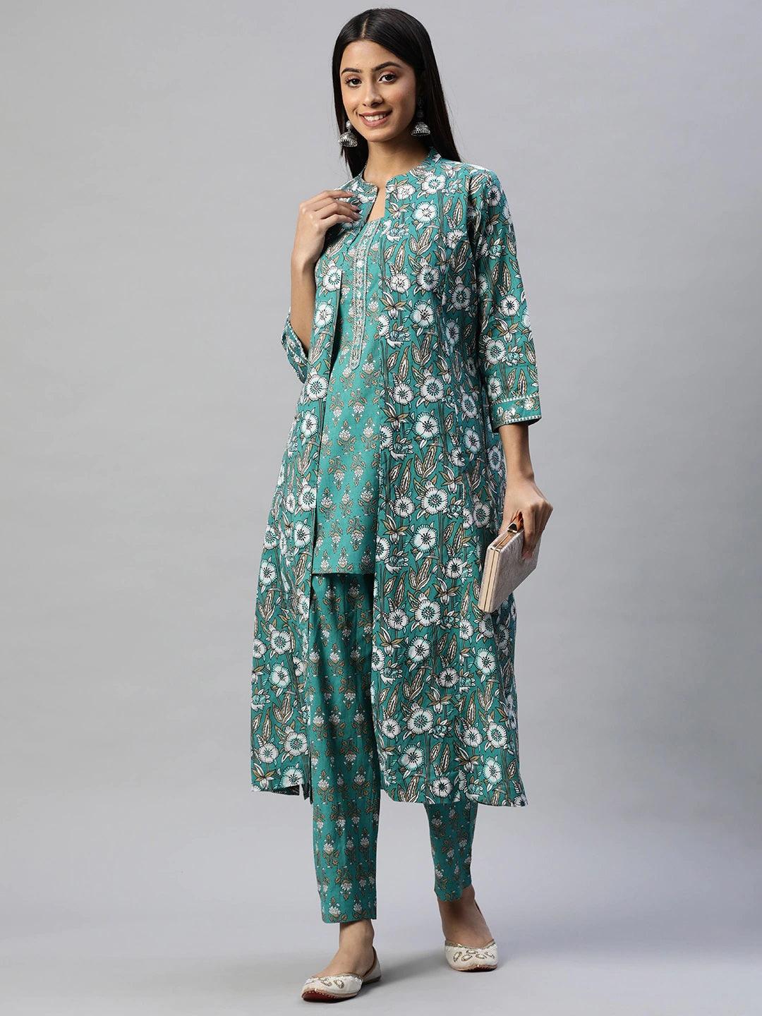 Divena Green Cotton Floral Printed Three Piece Indowestern Kurta Pant Set with Jacket - divena world-Mohi