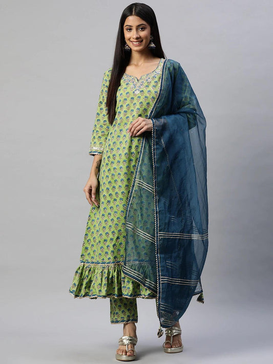 Divena Green Cotton Hand Block Printed Kurta Pant set with Dupatta - divena world-Mohi