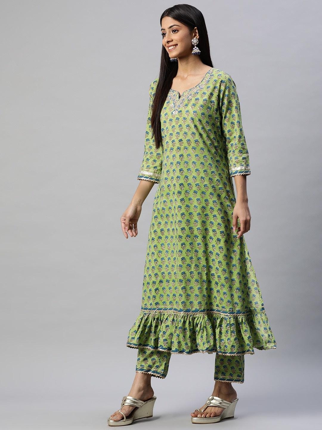 Divena Green Cotton Hand Block Printed Kurta Pant set with Dupatta - divena world-Mohi