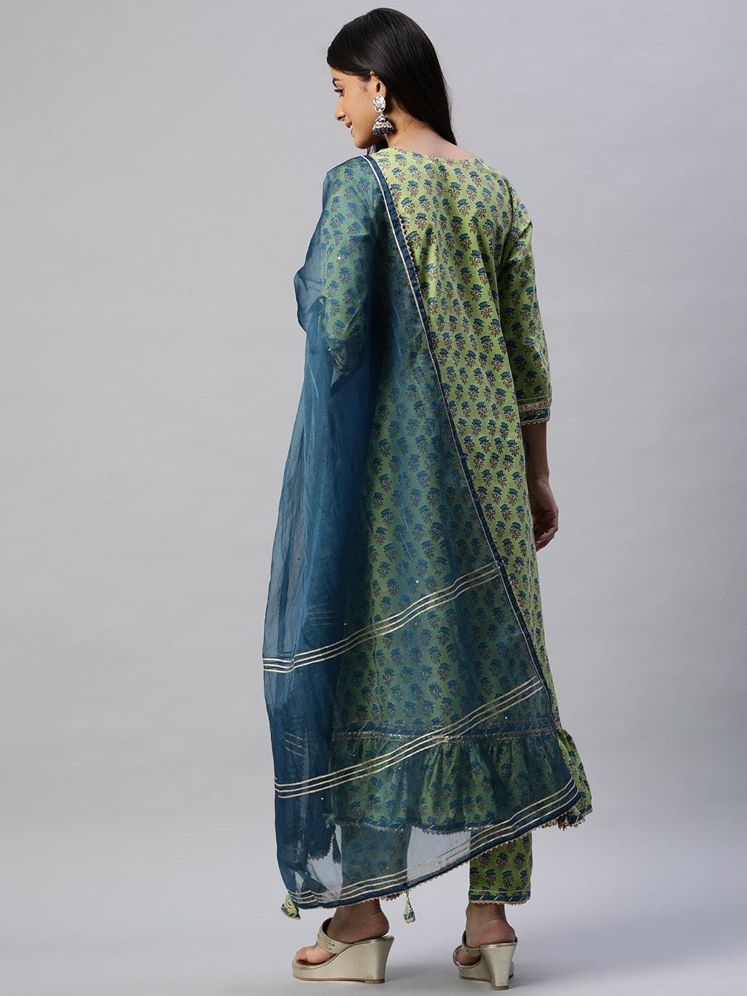 Divena Green Cotton Hand Block Printed Kurta Pant set with Dupatta - divena world-Mohi