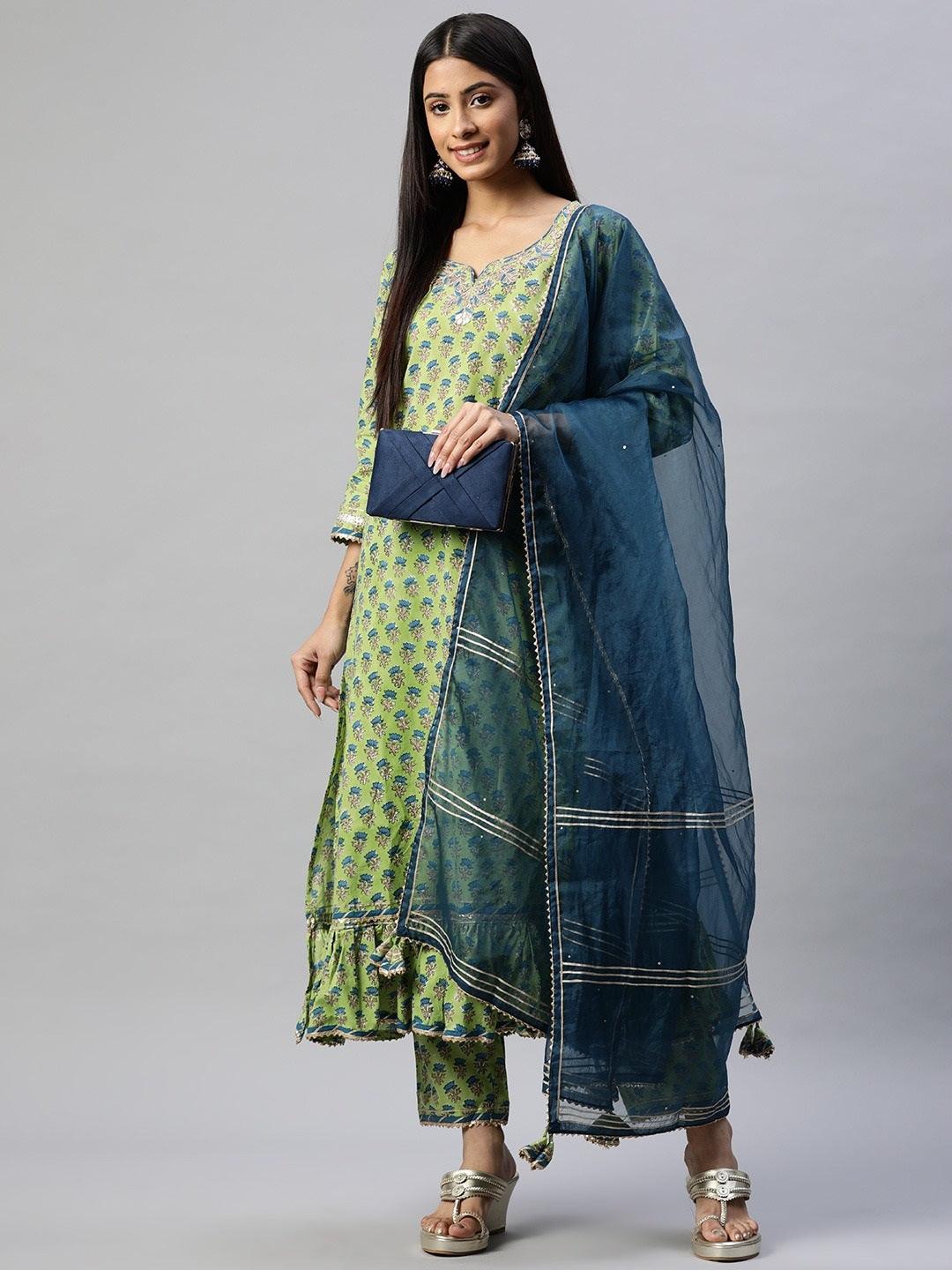 Divena Green Cotton Hand Block Printed Kurta Pant set with Dupatta - divena world-Mohi