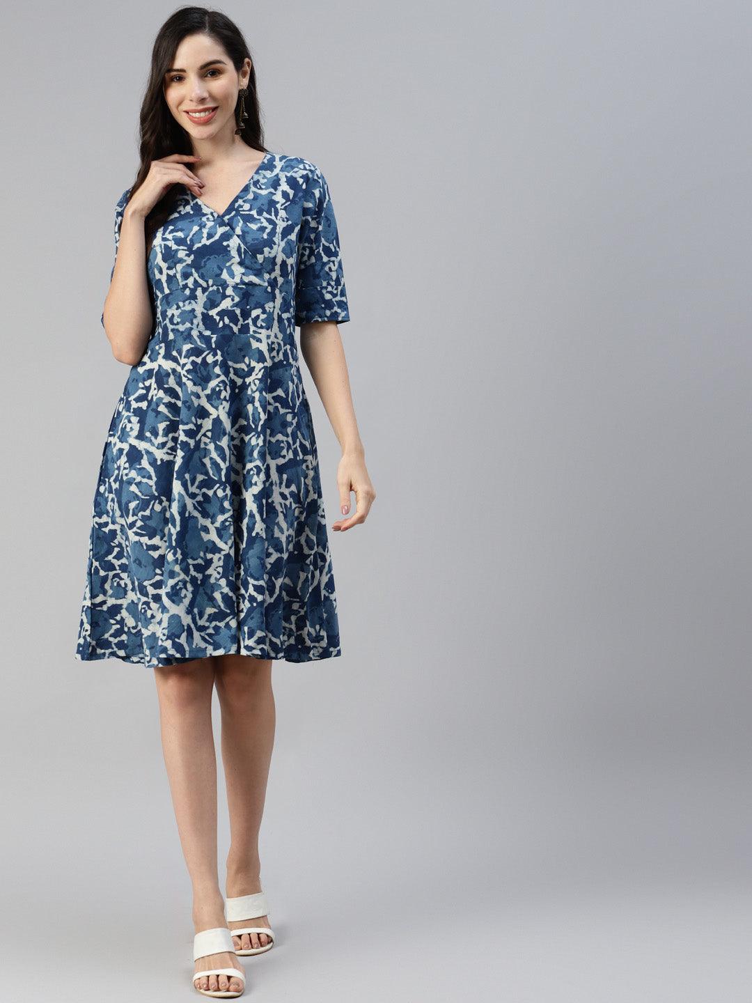 Divena Indigo Hand Block Printed Short Dress - divena world-Mohi