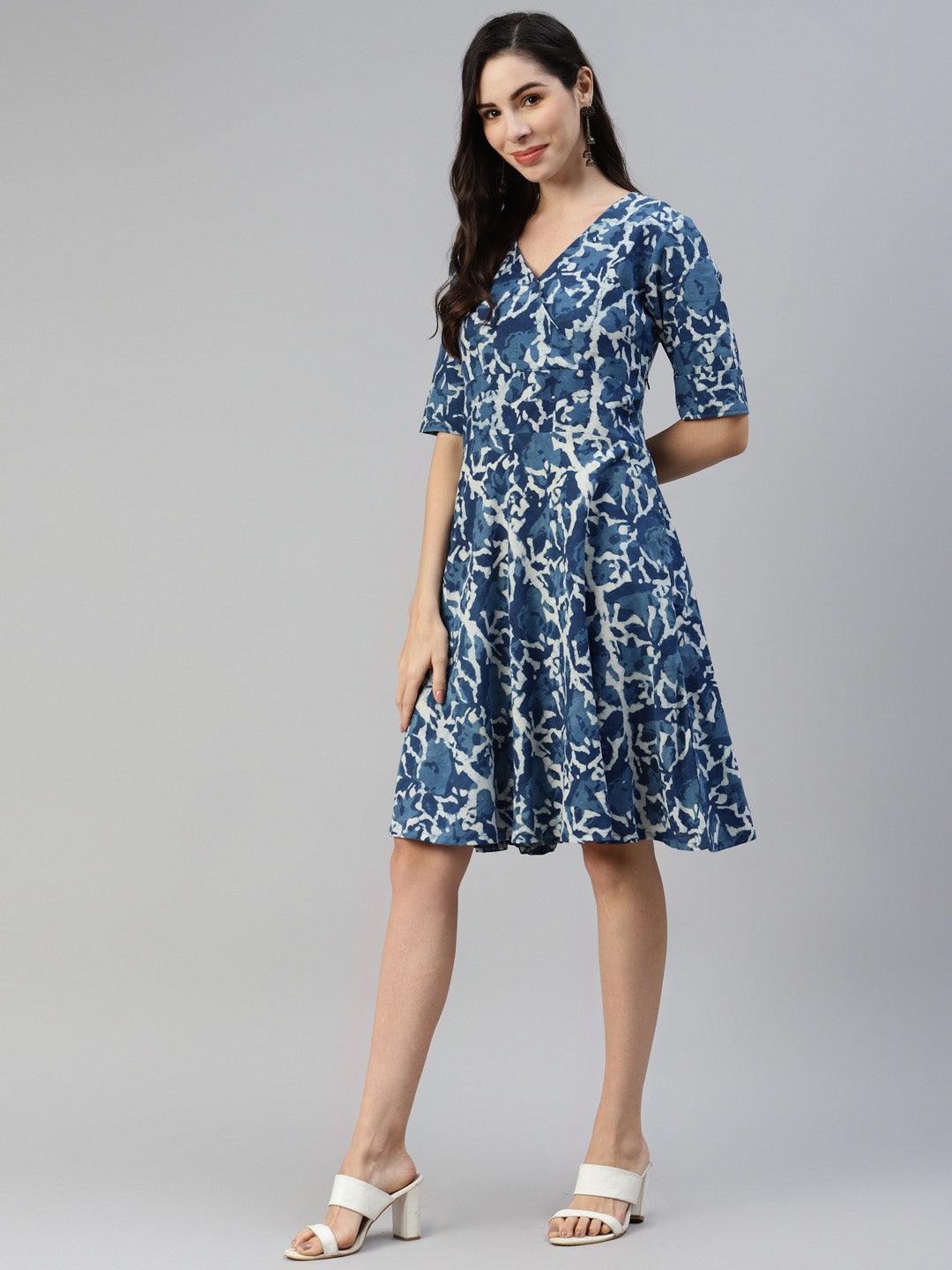 Divena Indigo Hand Block Printed Short Dress - divena world-Mohi