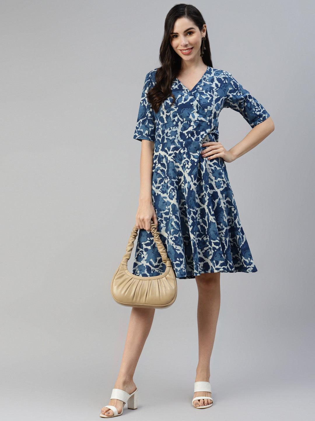 Divena Indigo Hand Block Printed Short Dress - divena world-Mohi