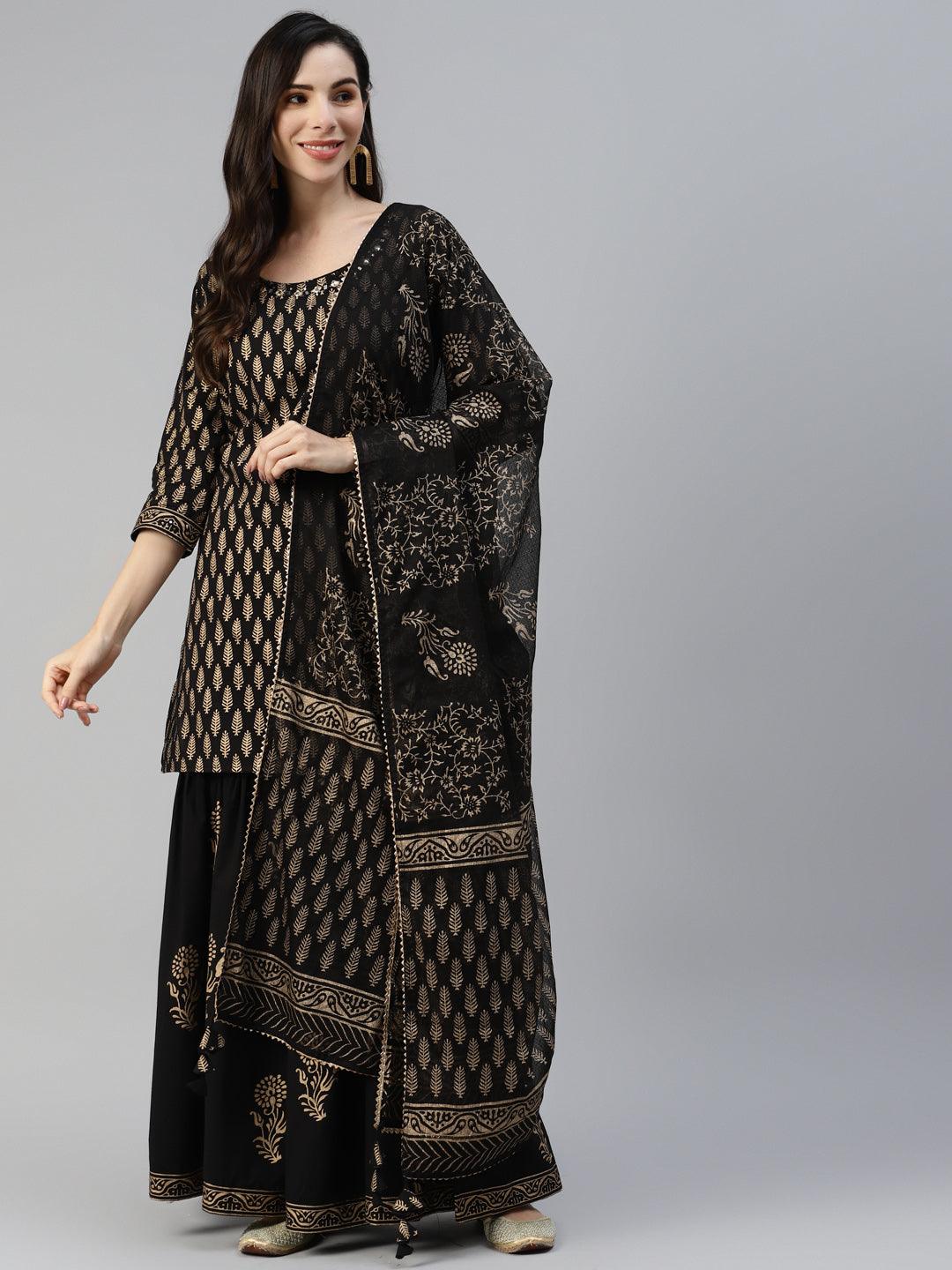 Divena Black Gold Printed Cotton Kurta Sharara Set with Dupatta - divena world-Mohi