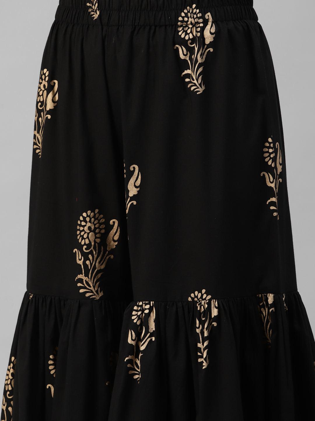 Divena Black Gold Printed Cotton Kurta Sharara Set with Dupatta - divena world-Mohi