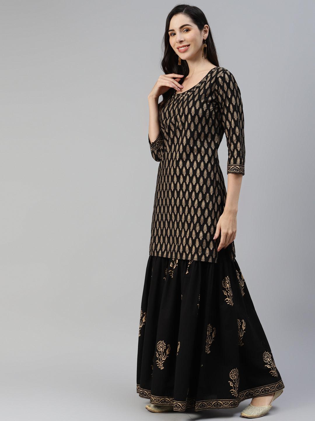 Divena Black Gold Printed Cotton Kurta Sharara Set with Dupatta - divena world-Mohi