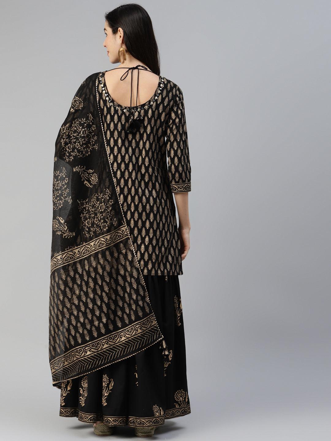 Divena Black Gold Printed Cotton Kurta Sharara Set with Dupatta - divena world-Mohi