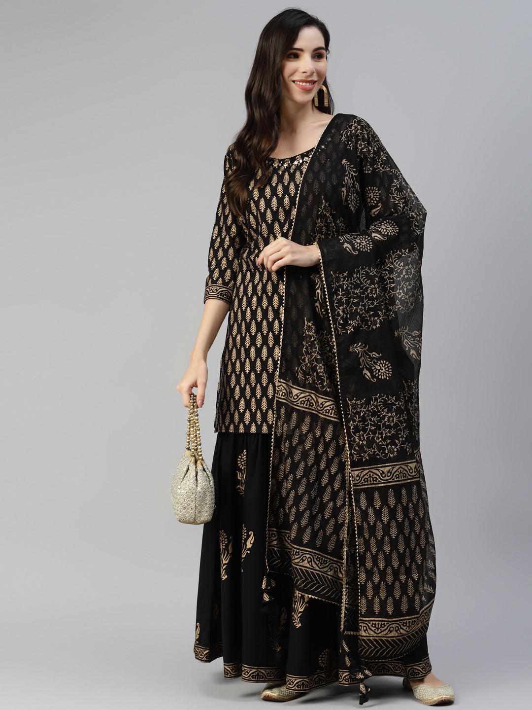 Divena Black Gold Printed Cotton Kurta Sharara Set with Dupatta - divena world-Mohi