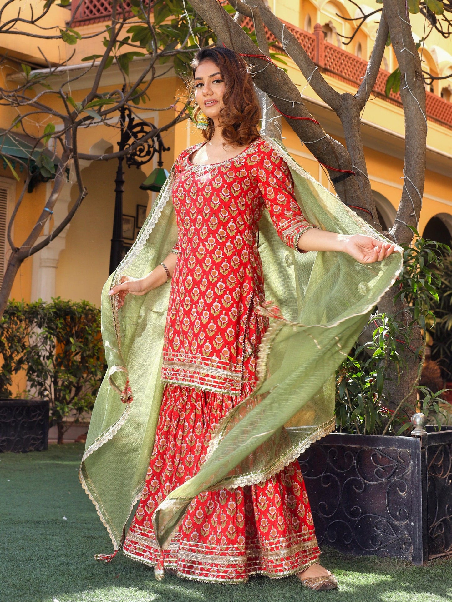 Divena Red Cotton Dabu Printed Kurta Sharara Set with Kota Doria Dupatta - divenaworld.com