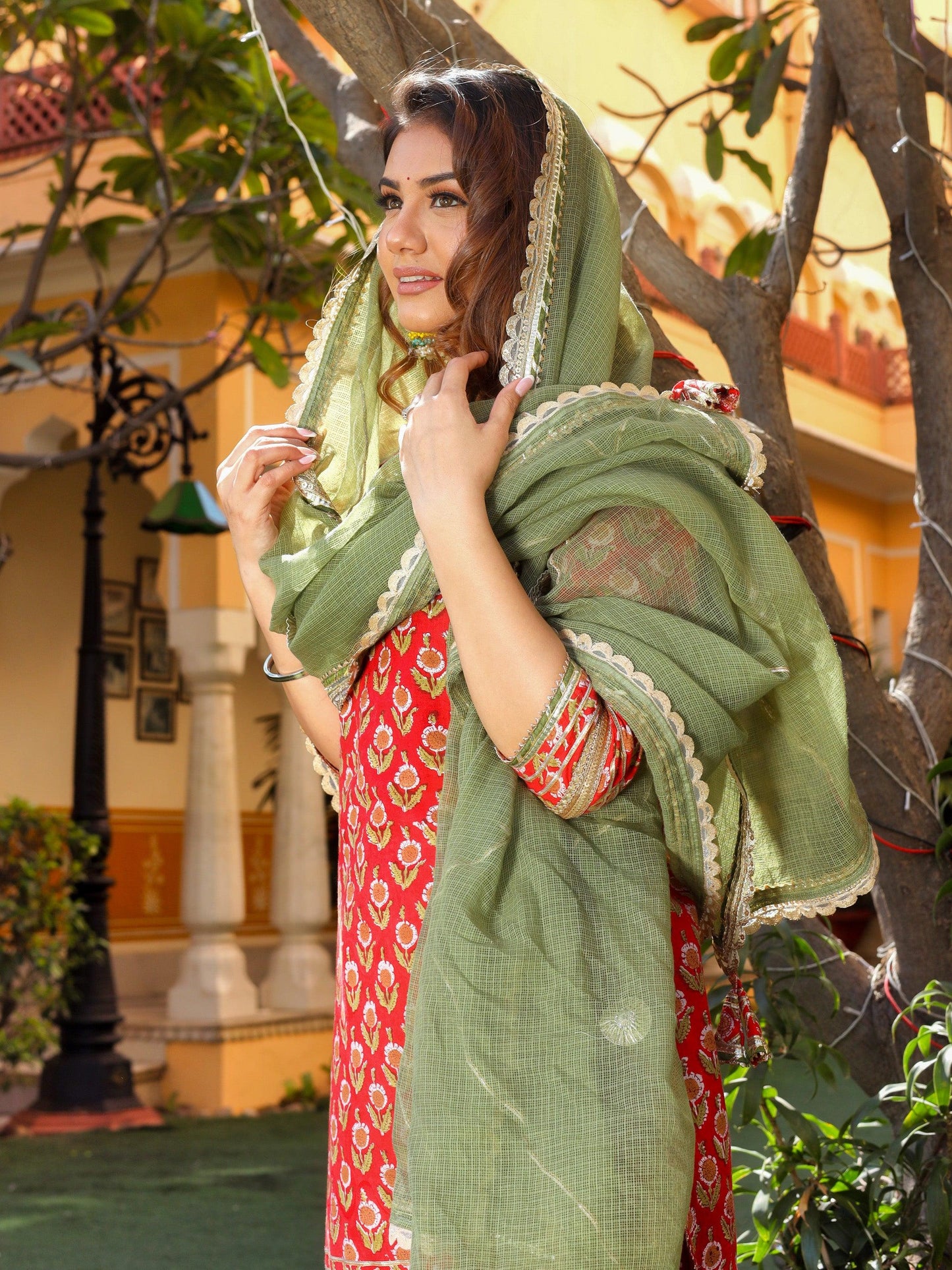 Divena Red Cotton Dabu Printed Kurta Sharara Set with Kota Doria Dupatta - divenaworld.com