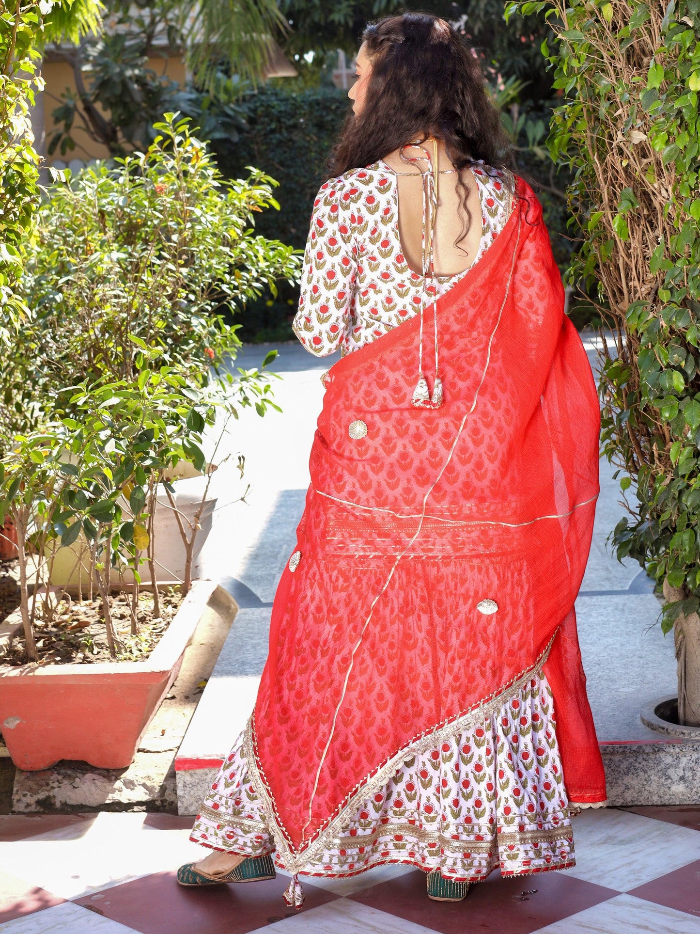 Divena Red & White Cotton Dabu Printed Kurta Sharara Set with Kota Doria Dupatta - divenaworld.com