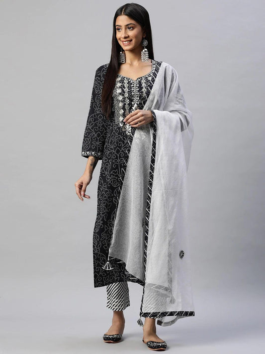 Divena Black and White Cotton Kurta Pant Set With Dupatta - divena world-Mohi