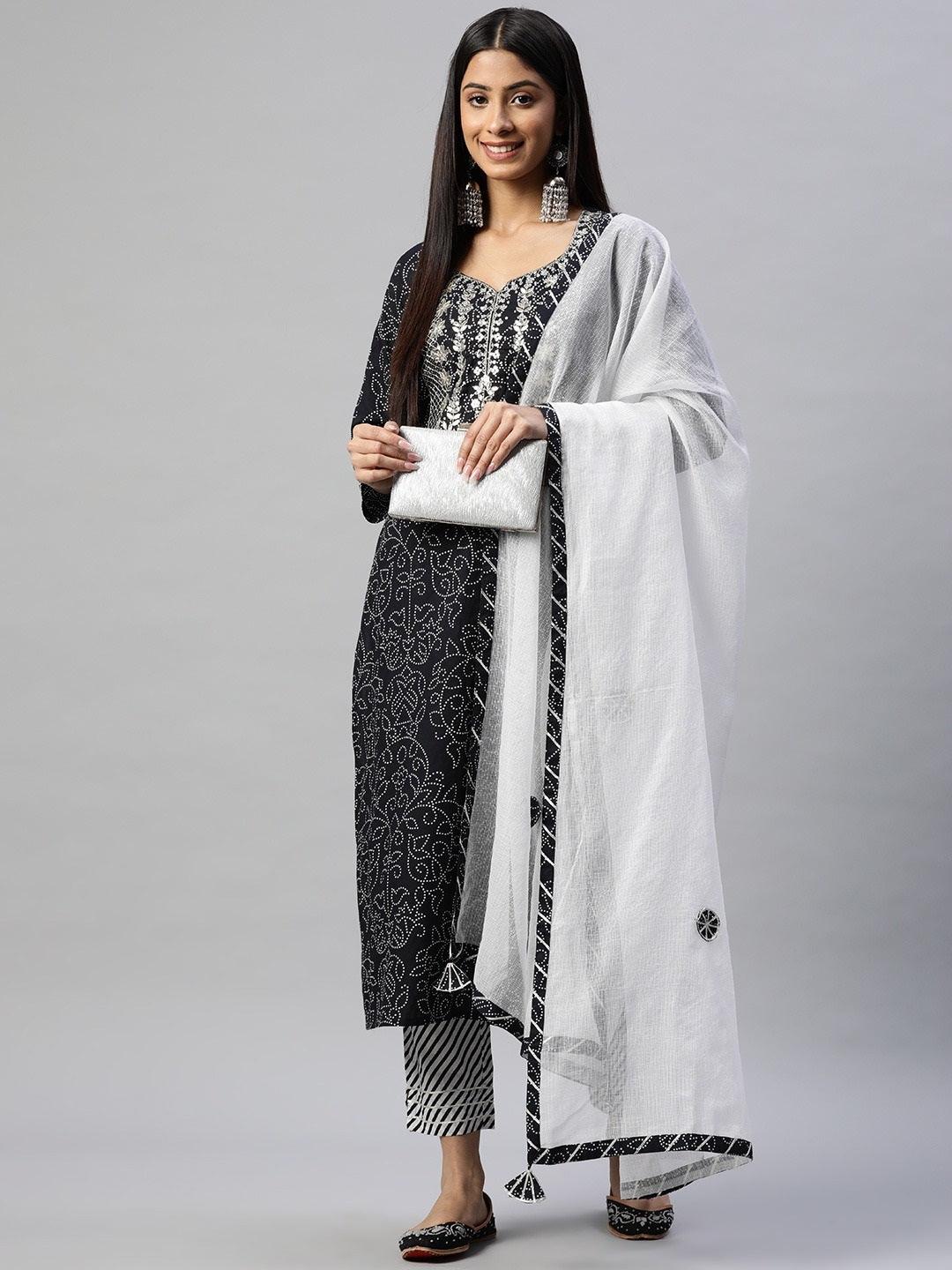 Divena Black and White Cotton Kurta Pant Set With Dupatta - divena world-Mohi