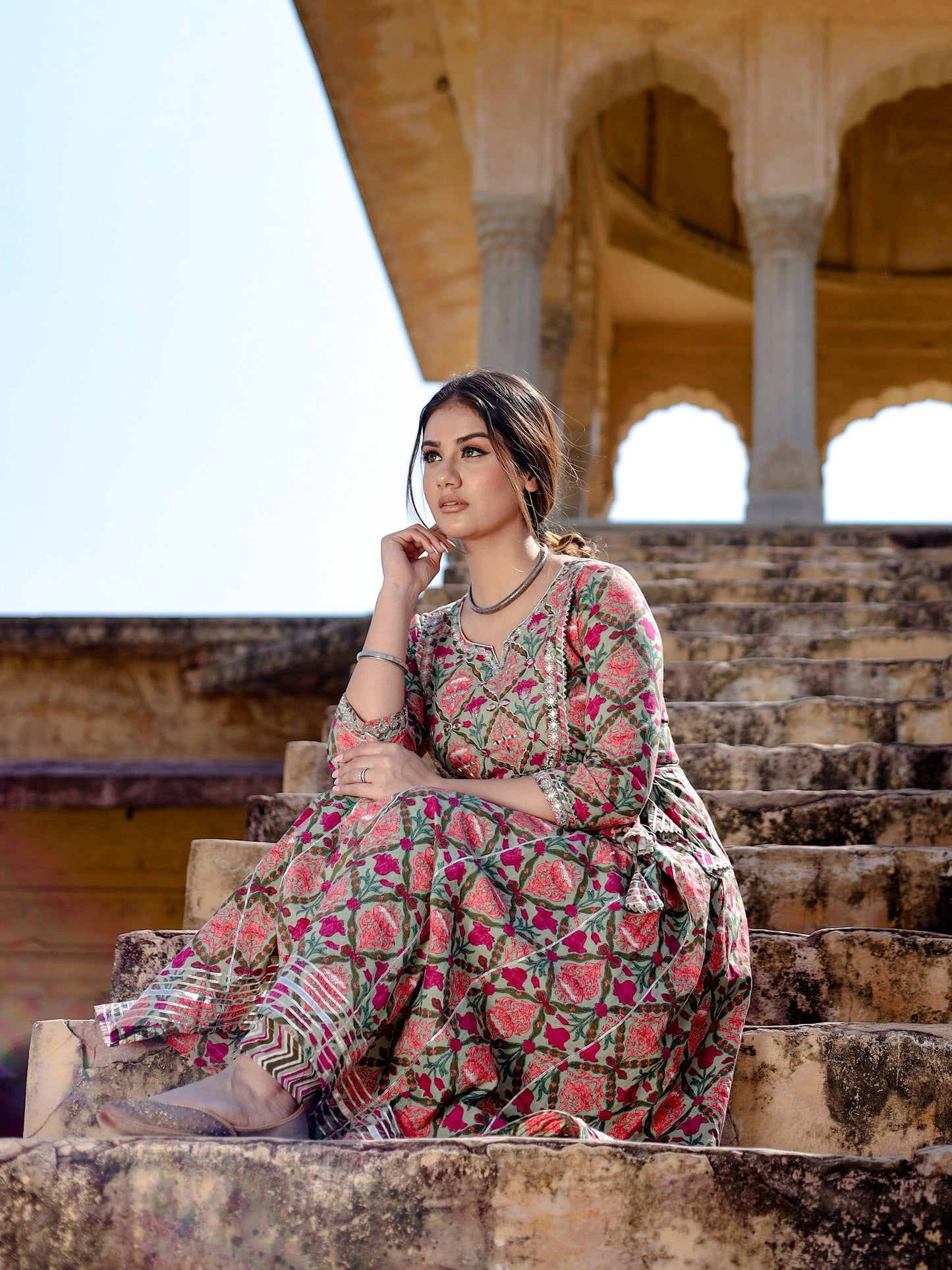 Divena Green Floral Printed Anarkali Kurta Pant Sets - divenaworld.com