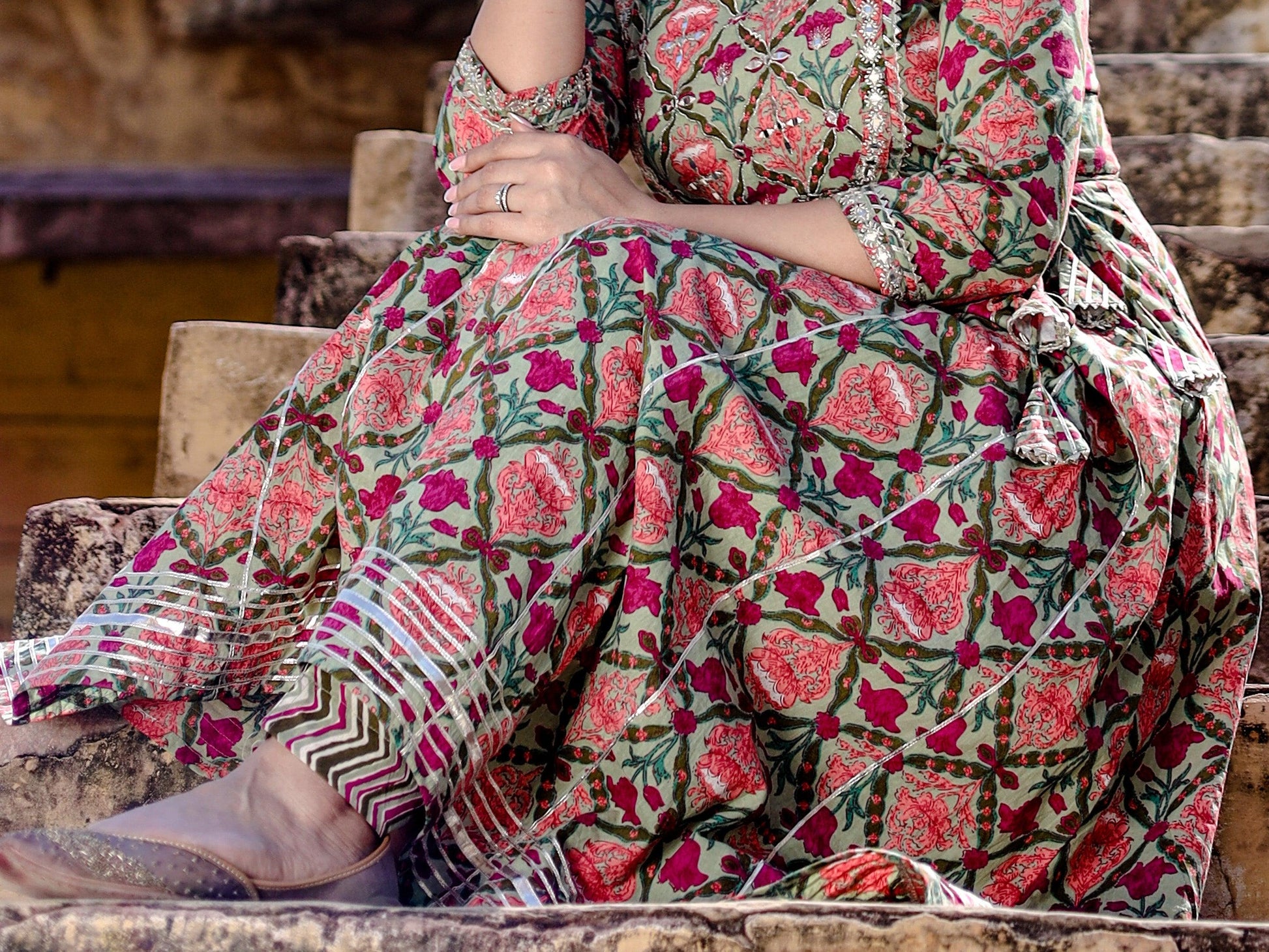 Divena Green Floral Printed Anarkali Kurta Pant Sets - divenaworld.com