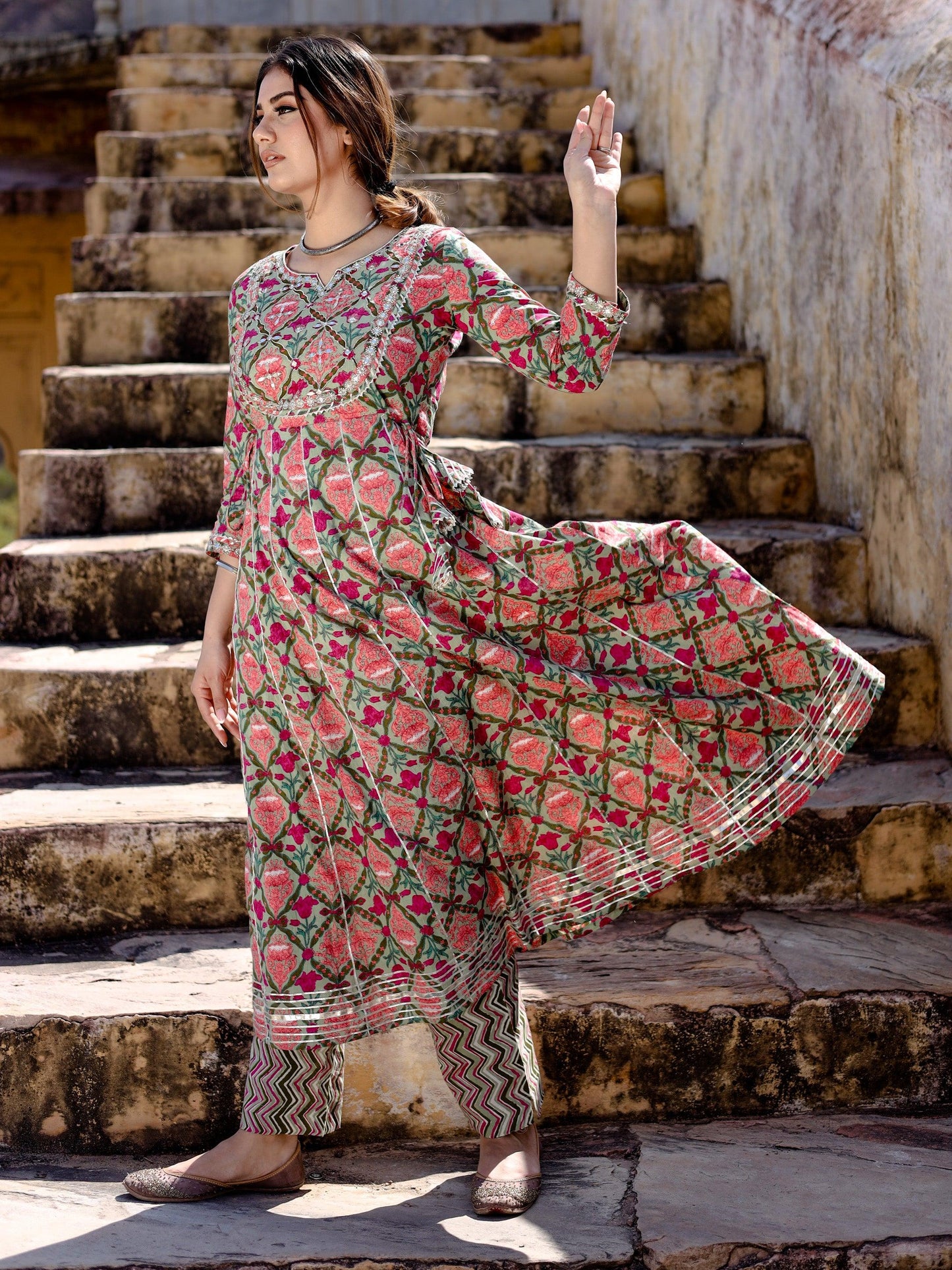 Divena Green Floral Printed Anarkali Kurta Pant Sets - divenaworld.com