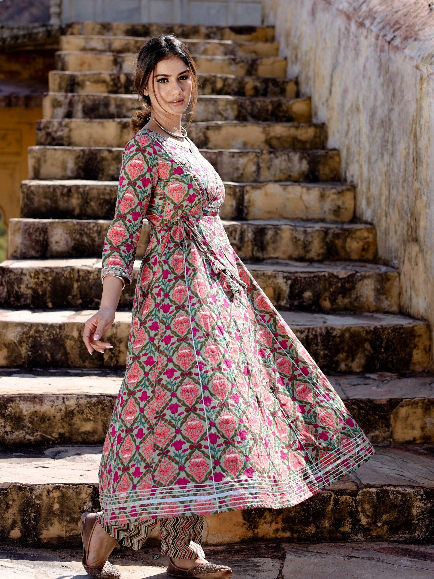 Divena Green Floral Printed Anarkali Kurta Pant Sets - divenaworld.com