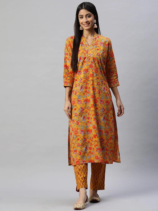 Divena Mustard Cotton Floral Printed Kurta Pant Set - divena world-Mohi