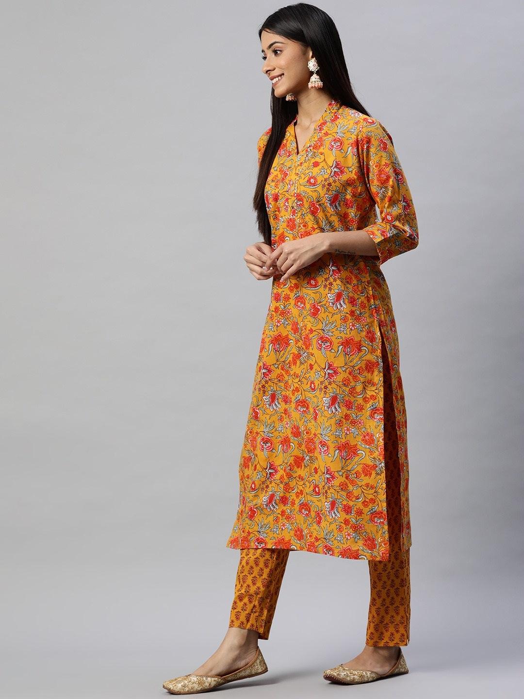 Divena Mustard Cotton Floral Printed Kurta Pant Set - divena world-Mohi