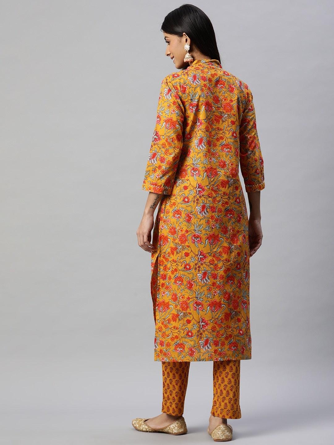 Divena Mustard Cotton Floral Printed Kurta Pant Set - divena world-Mohi