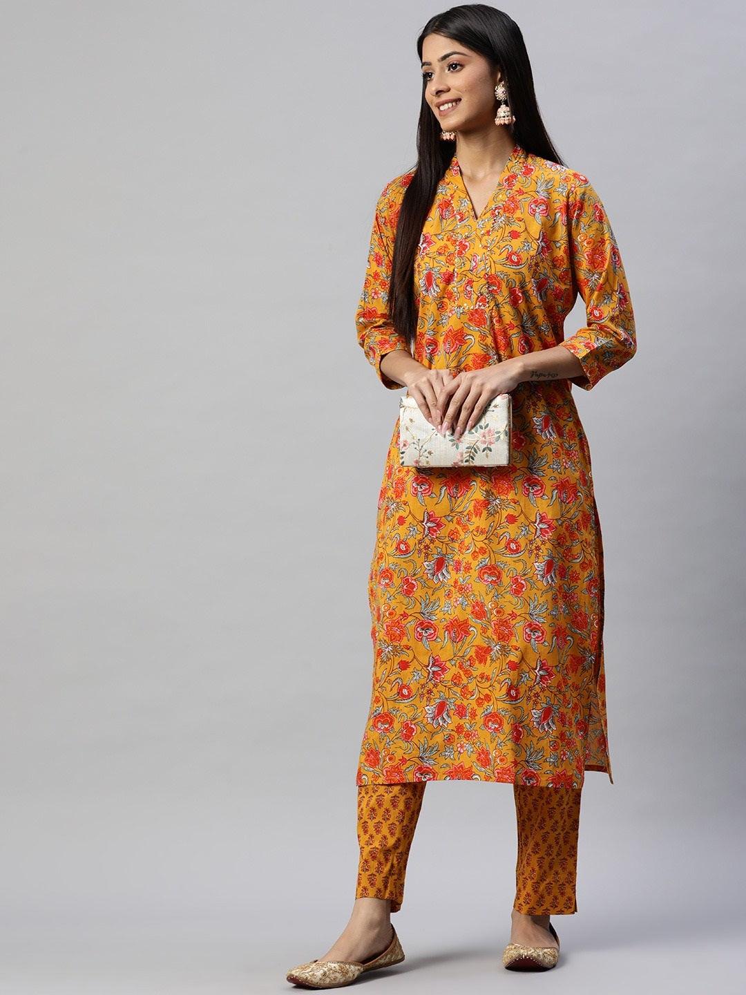 Divena Mustard Cotton Floral Printed Kurta Pant Set - divena world-Mohi