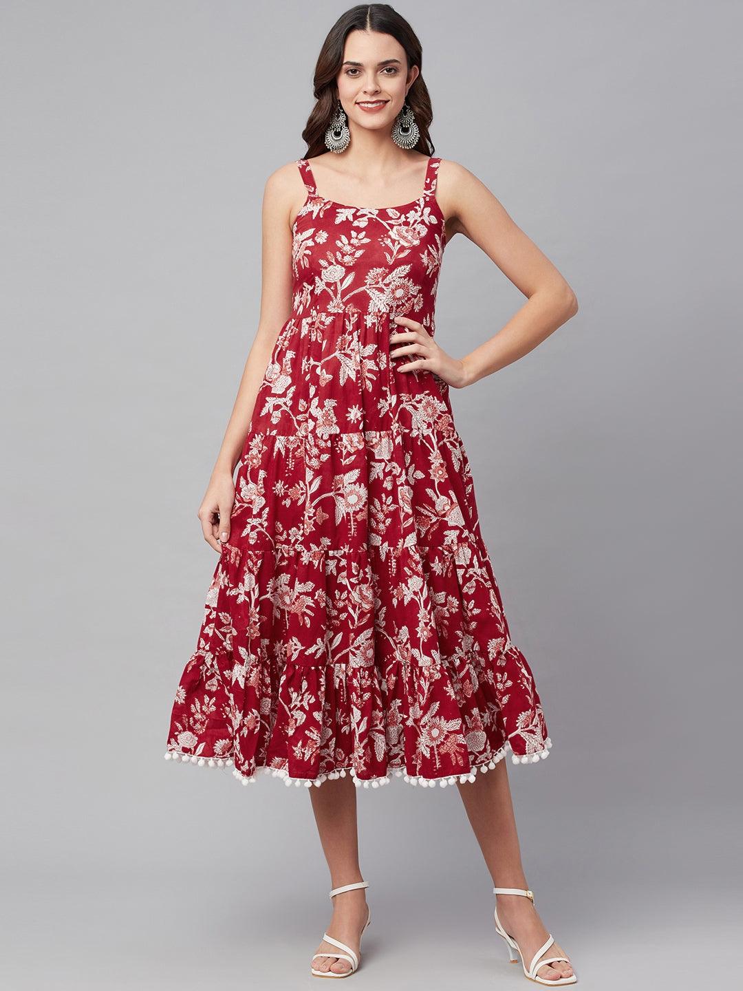 Divena Red Floral Printed Shoulder Strap Long dress - divena world-Mohi